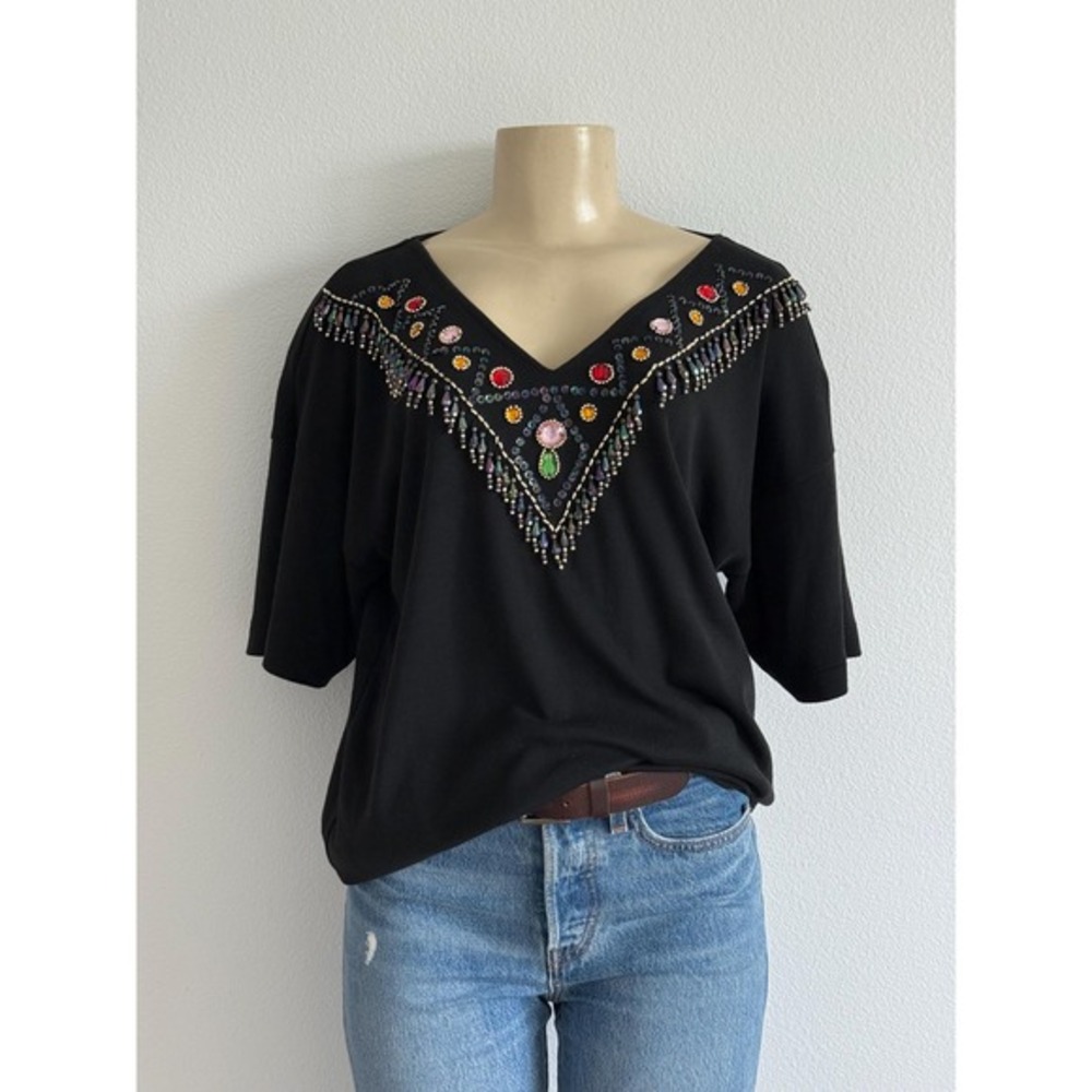 Naomi Bee Beaded Western Top S Black Vintage Embellished Boho Festival Shirt